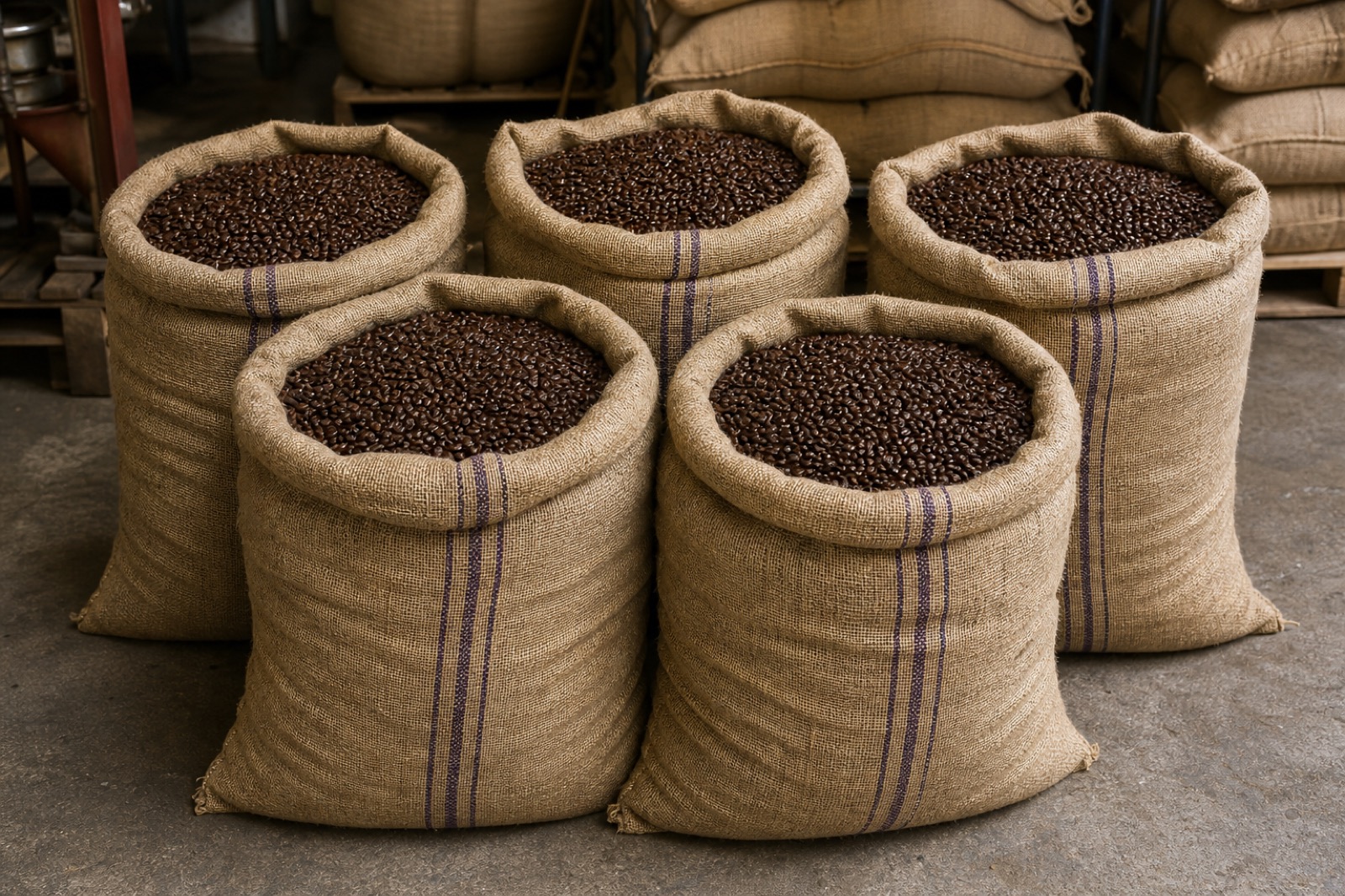 Jute sacks filled with coffee beans for commodity packing
