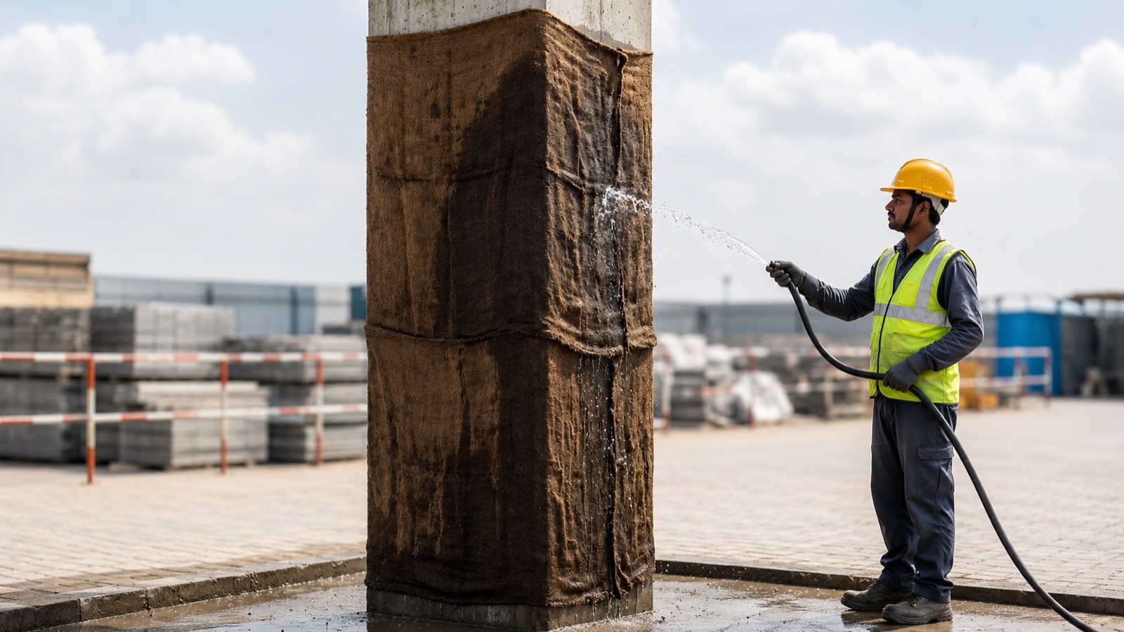 Hessian cloth used for concrete curing on a construction site