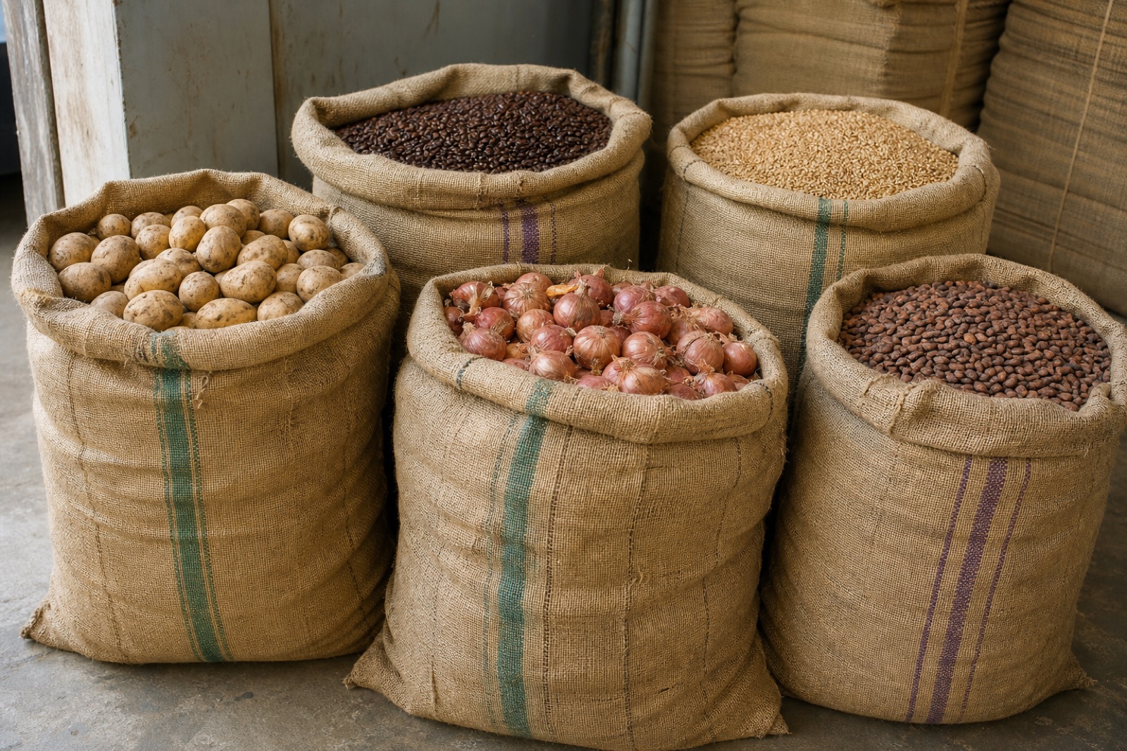 Jute sacks filled with agricultural and food commodities