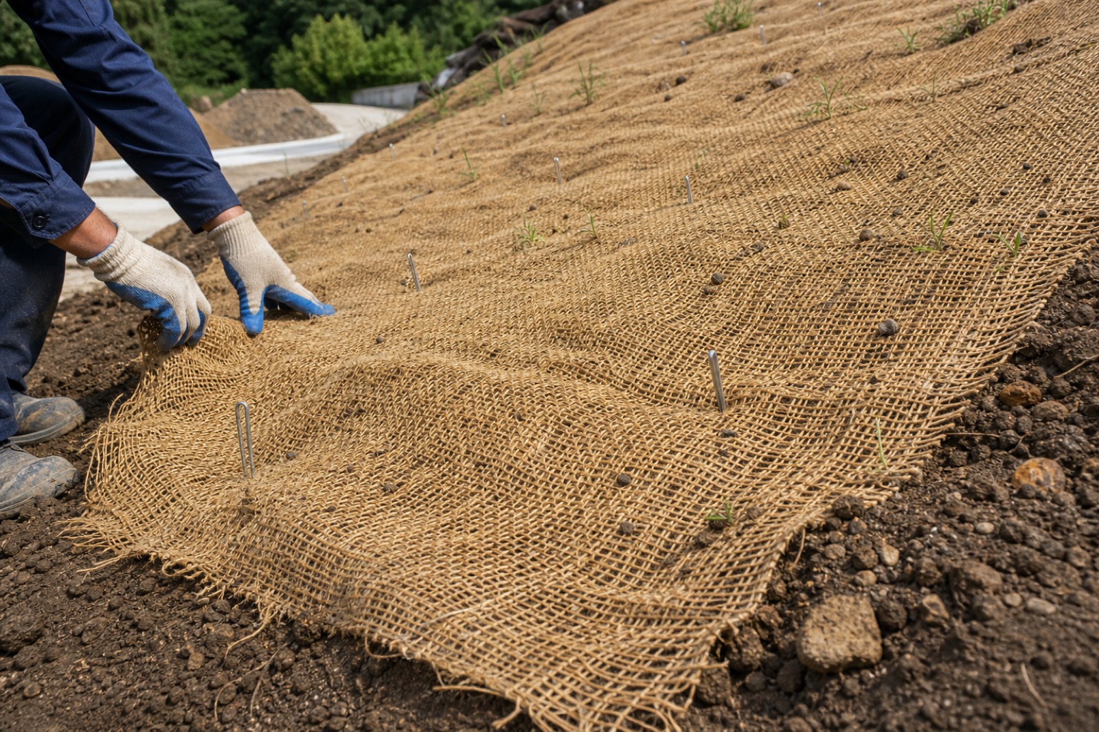 Jute textile used for erosion control on a slope