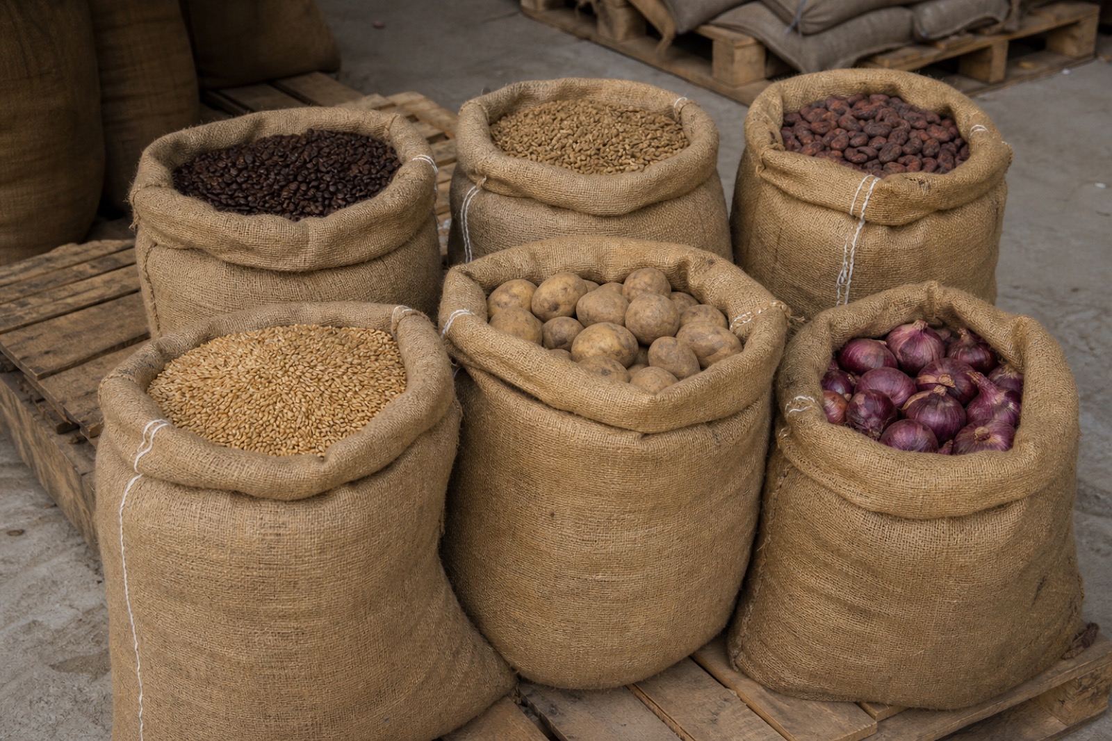 Jute sacks used for agricultural commodity packaging