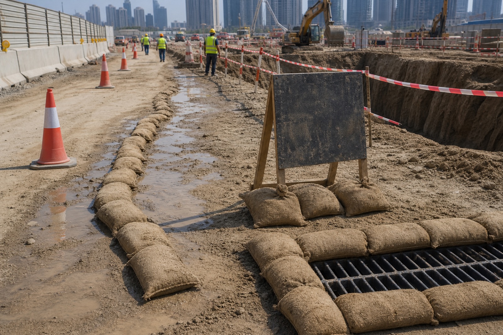 Jute sandbags used on a construction site for drainage and protection