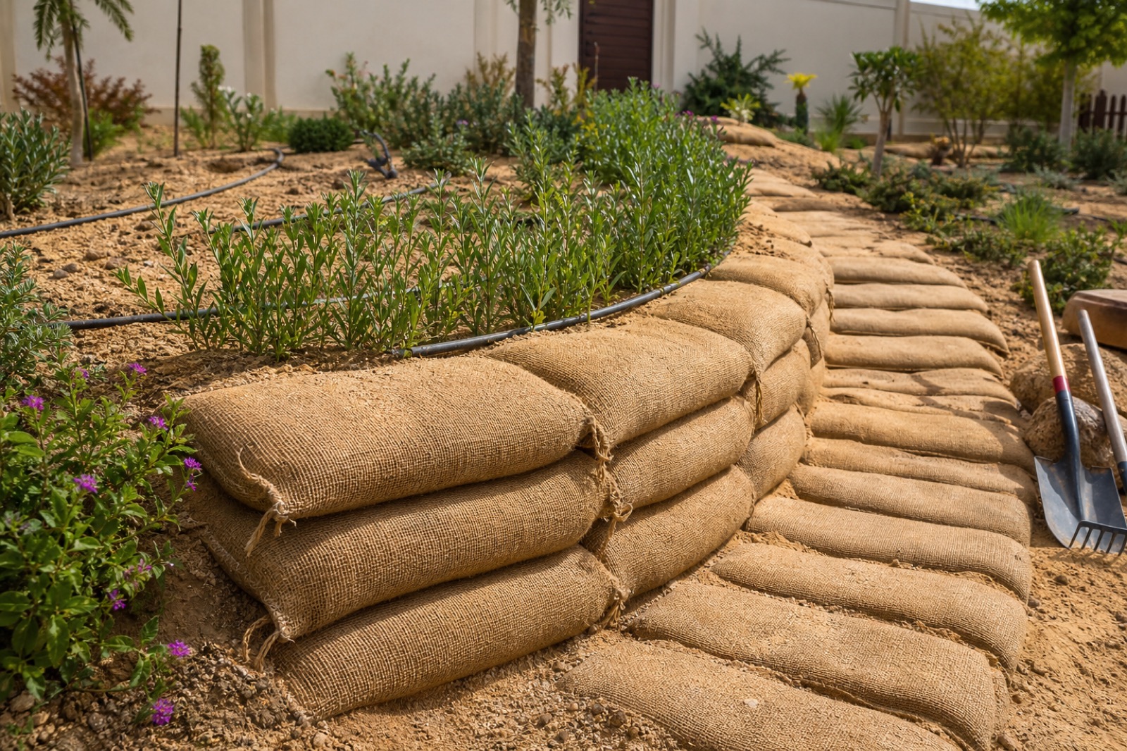 Jute sandbags used for landscaping and garden support