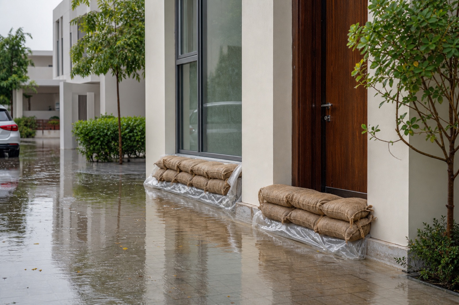 Jute sandbags used for villa flood protection