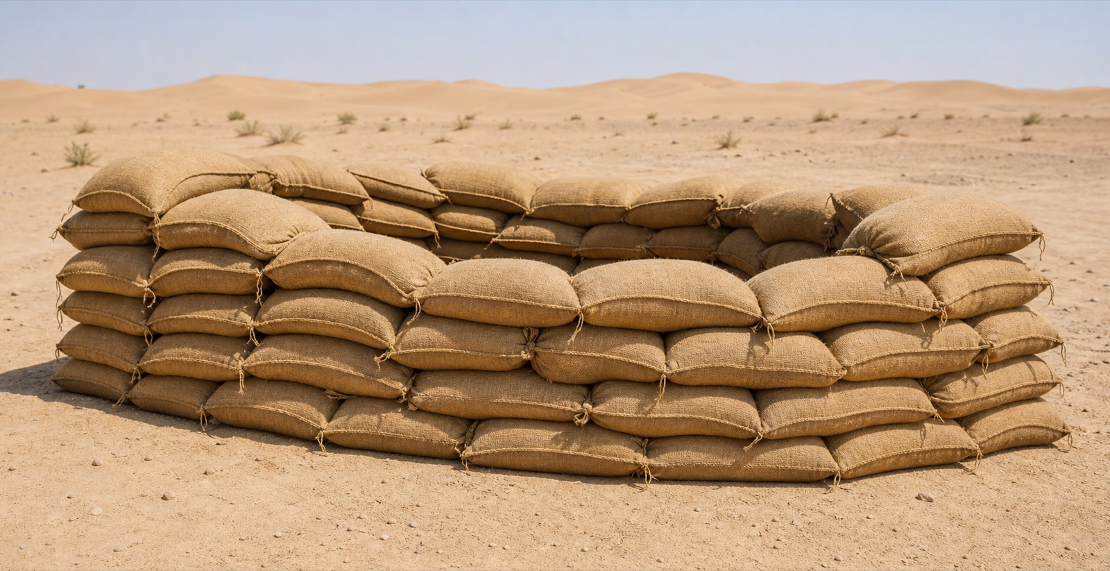 Jute sandbags arranged for civil defence and site protection use