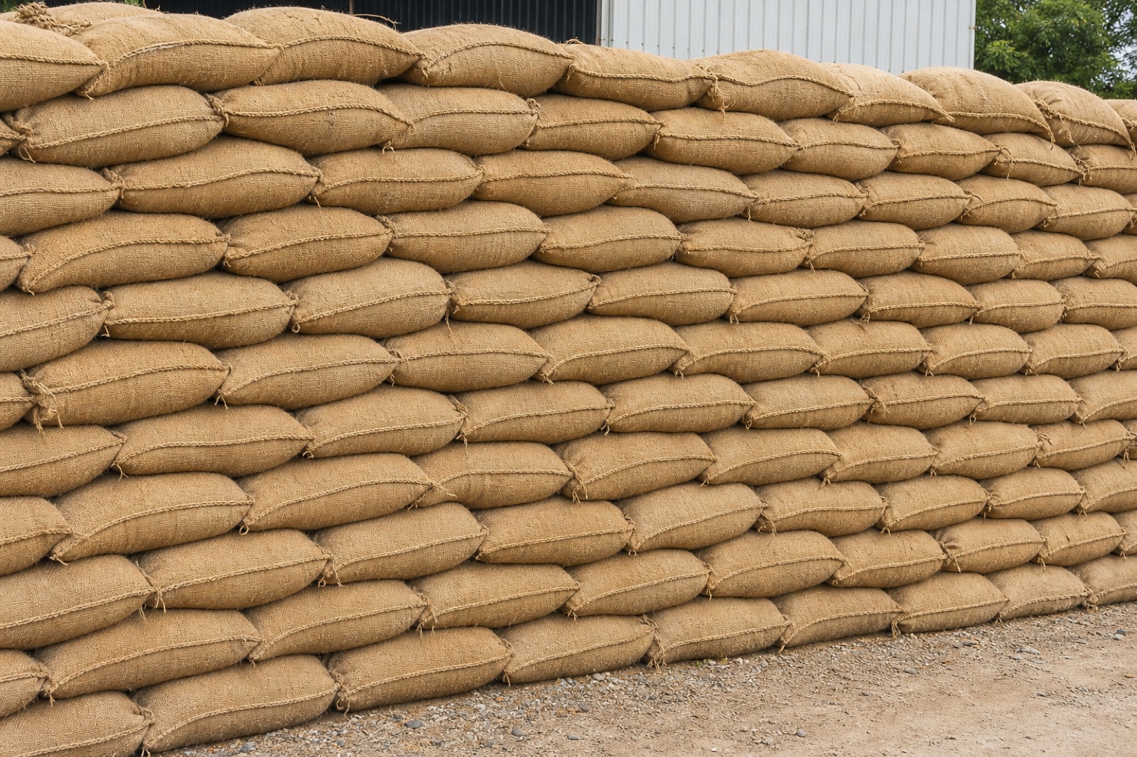 Stacked 25 kg jute sandbags for UAE construction and site supply