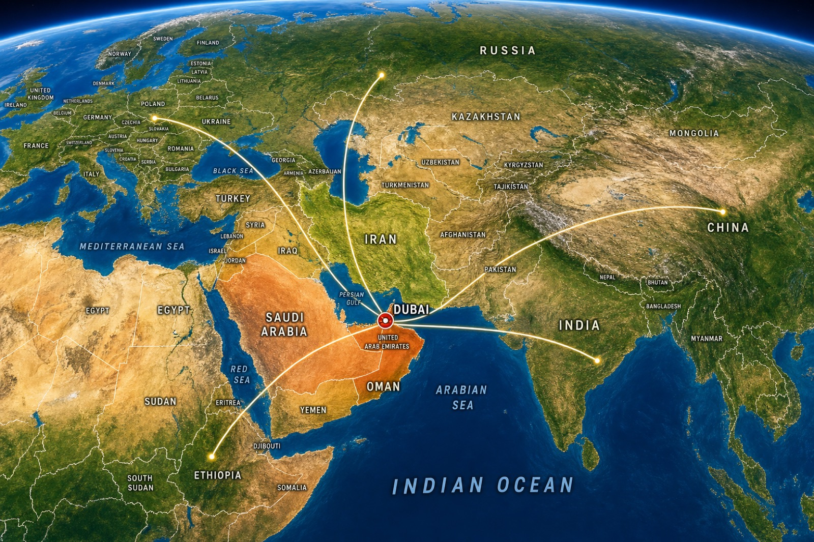 World trade routes connected through Dubai